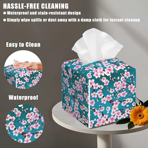 Pink Cherry Blossom Branches Tissue Box Cover Square, Tissue Box Holder with Bottom Belt Leather Facial Paper Organizer Dispenser for Bathroom Bedroom Dresser Night Stand Tabletop - color: Pink Cherry Blossom Branches