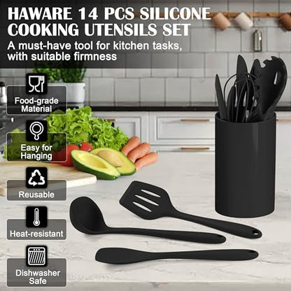 HaWare 14 PCS Silicone Cooking Utensils Set, Kitchen Utensils, Black - color: Black