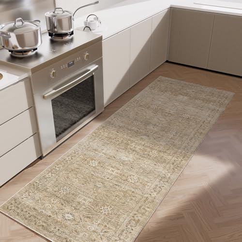 2x6 Washable Rug Runners for hallways: Non Slip Kitchen Runner Rugs with Rubber Backed Low Pile Soft Faux Wool Boho Floor Rug Soft Carpet Runner for Indoor Entryway Bedroom Laundry Living Room - color: Brown and Beige, size: 2' x 6' (Rectangular)