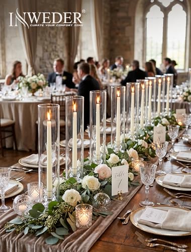 Hurricane Glass Candle Holders: 12" Tall Cylinder Cover Set of 10 | for 0.87" Taper, Windproof Chimney Cover, Clear Candlestick Holder for Wedding Table Centerpiece, Party, Birthday, Christmas - size: 12" H - 10 Pcs