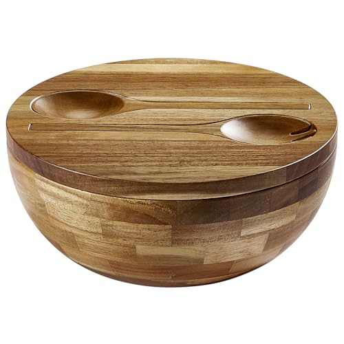 JOYMAY Salad Bowls Wood Salad Bowl Set with Lid Acacia Wood Serving Bowl for Fruits or Salads 10.5" Large Serving Bowl with Serving Utensils, 4 Piece Wooden Mixing Bowl Set for Kitchen, Picnic - color: 10.5in wood salad bowl
