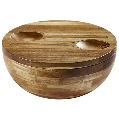 JOYMAY Salad Bowls Wood Salad Bowl Set with Lid Acacia Wood Serving Bowl for Fruits or Salads 10.5" Large Serving Bowl with Serving Utensils, 4 Piece Wooden Mixing Bowl Set for Kitchen, Picnic - color: 10.5in wood salad bowl