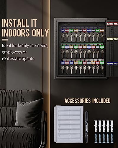 Uniclife 60 Position Steel Key Cabinet with Combination & Key Lock, Black | Wall mount key box, resettable 4-digit code lock, 2 backup keys, thickened steel, large capacity, adjustable racks & labels - color: Black, size: 60 Keys