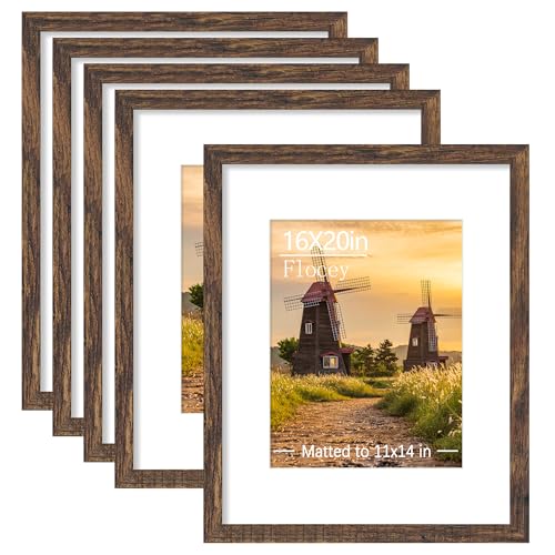 16x20 Picture Frame 5 Pack, Rustic Brown Poster Frame, Display Pictures 11 x 14 with Mat or 16 x 20 Without Mat for Horizontal or Vertical Wall Mounting, Wall Gallery Frame for Artwork Certificate - color: Rustic Brown, size: 16x20-5PACK