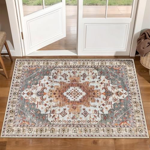 Tangsoo Oriental 2x3 Washable Rugs for Entryway, Non Slip Small Area Rug | Vintage Indoor Front Door Rug, Soft Low Pile Door Mat Small Carpet Throw Rugs for Entry Entrance Kitchen Bedroom Turmeric - color: Turmeric, size: 2' X 3' (Rectangular)