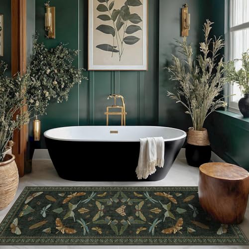 Dark Green Insect 2x5 Bathroom Runner Rug - Washable Non Slip Runners for Kitchen, Laundry Room, Front Door Mat Entrance, Nature Floral Indoor Floor Décor, Thin Low Pile with Rubber Backed - color: Dark Green, size: 2' x 5' (Runner)