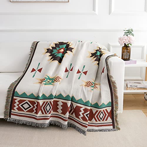 Southwestern Aztec Throw Blanket - Boho Western Decor - Decorative Woven Fringe Blanket for Sofa, Couch or Bed, Farmhouse Style Accent (Beige, 50"x60") - size: 70*50