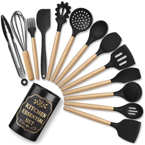 14 Pcs Black Kitchen Utensils Set with Holder for Nonstick Cookware | Silicone Cooking Utensils Set for BBQ; Heat-Resistant Tools with Wooden Handles for Baking, Serving, Frying, and Mixing - color: Classic Black
