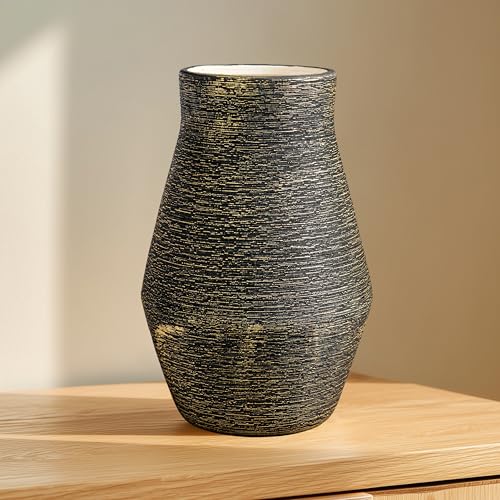 Black Ceramic Vase, 11 Inch Tall | Modern Decorative Flower Vase for Dining Table, Centerpiece, Entryway, Mantel and Kitchen Decor - color: Black and Gold, size: 11 inch