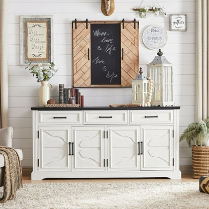 66" Farmhouse Buffet Cabinet with Storage, Sideboard Credenza, Carved Cloud-Inspired Doors, 3 Drawers & Adjustable Shelves, Coffee Bar Cabinet, Off White - color: Off White