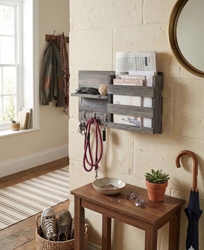 Wall-Mounted Key Holder Hooks - Rustic Wood Weathered Grey & Black - Entryway Organizer for Mail, Leashes, and Purses - Floating Shelf, 16.5” W x 9.75" H x 4.5” D - color: Weathered Grey & Black Organizer & Wood Shelf