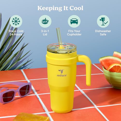 Reduce 24 oz Stainless Steel Tumbler with Handle - Dual-Wall Vacuum Insulated Travel Mug, Sweat-Proof Lid & Reusable Straw - Keeps Drinks Cold for 24 Hrs, Fits Cupholders, Dishwasher Safe -Pina Colada - color: Pina Colada, size: 24 Ounces