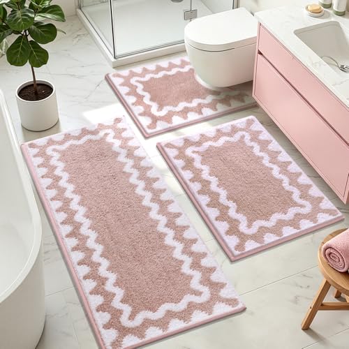 Findosom Bathroom Rugs Sets 3 Piece, Absorbent Soft Non-Slip Bath Rug Set | Washable Microfiber Shaggy Scalloped Bath Mat Set with Bathroom Runner Rug, U-Shaped Toilet Rugs, Shower Rug, Pink - color: Pink & White, size: 18"x26"+18"x48"+U 20"x24"