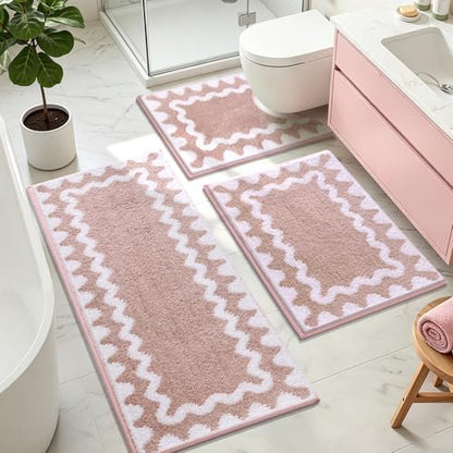 Findosom Bathroom Rugs Sets 3 Piece, Absorbent Soft Non-Slip Bath Rug Set | Washable Microfiber Shaggy Scalloped Bath Mat Set with Bathroom Runner Rug, U-Shaped Toilet Rugs, Shower Rug, Pink - color: Pink & White, size: 18"x26"+18"x48"+U 20"x24"