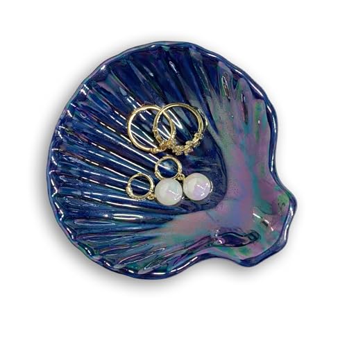Shell Jewelry Holder Dish, Ceramic Seashell Trinket Dish for Women, Cute Room Decor Jewelry Plates for Earrings Ring, Birthday Mother's Day Christmas Gift for Women 3.9", Indigo Iridescent Surface - color: Indigo
