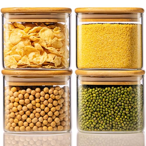21 oz Square Glass Food Storage Containers with Airtight Bamboo Lids, 4Pack | Pantry Jars for Flour, Sugar, Pasta & Spices, 3mm Borosilicate Glass Canisters Keep Food Dry & Fresh, Easy to Fill & Clean - color: 21oz 4 Pack