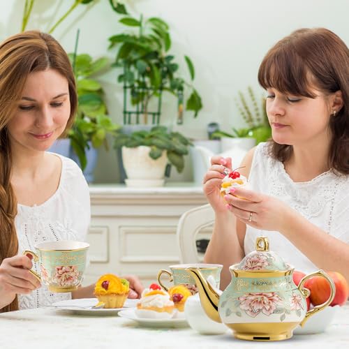 20 Pieces Porcelain Tea Set With Metal Holder, European Ceramic tea set for adults,Flower Tea Set,Tea Set For Women With Flower Painting（Light Green） - color: Light Green
