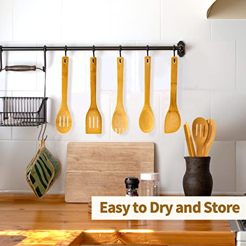Eisinly Wooden Spoons for Cooking 7-Piece, Kitchen Nonstick Bamboo Cooking Utensils Set, Healthy Bamboo Wooden Spatula Spoon for Cooking - color: Yellow-Bamboo, style: Square-edge