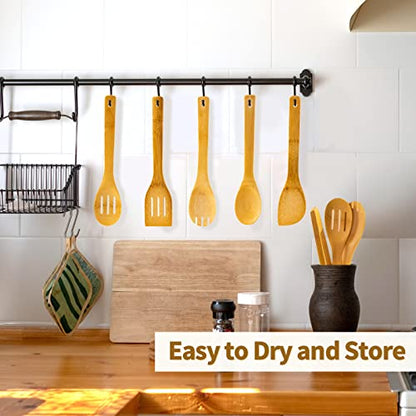 Eisinly Wooden Spoons for Cooking 7-Piece, Kitchen Nonstick Bamboo Cooking Utensils Set, Healthy Bamboo Wooden Spatula Spoon for Cooking - color: Yellow-Bamboo, style: Square-edge