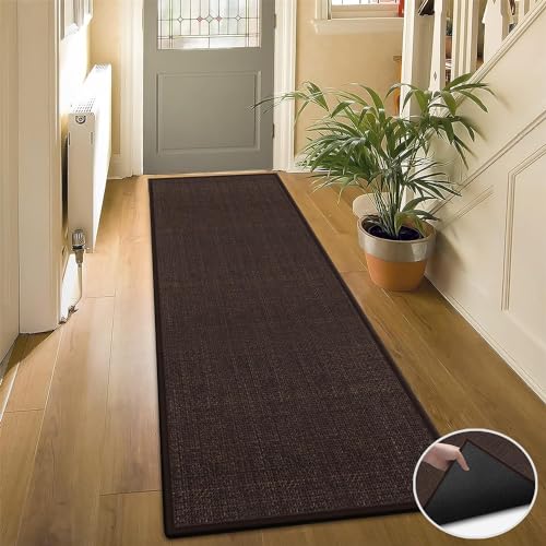 GOYLSER Washable Kitchen 7 Foot Runner Rug Non Slip, Absorbent Long Hall Runners Non Slip, Jute Nonslip Hallway Runner Mat Kitchen Carpet Runner, Deep Brown - color: Deep Brown, size: 2'4" x 7' (Rectangular)