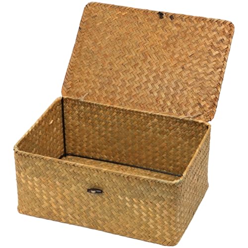 Seagrass Wicker Storage Basket with Lid, Large, Natural | Large Storage Box, Shelf Organizer, Rectangular Woven Bin, Multipurpose Home Storage, Natural Decor, 13 x 8.66 x 6.1 - color: Natural, size: 13" x 8.66" x 6.1"