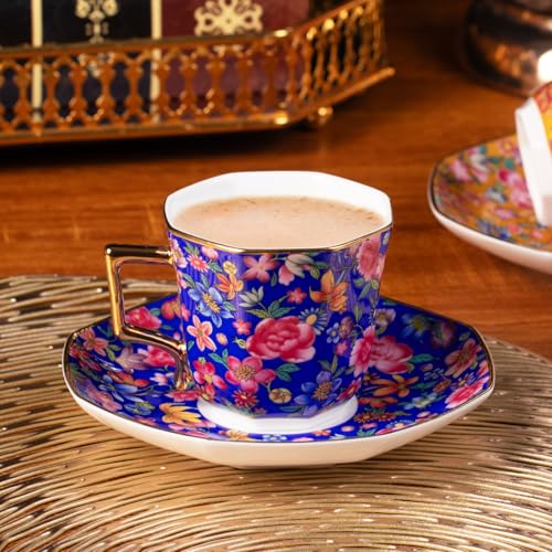 KAMMAK Tea Cup and Saucer, Ceramic Coffee Cups, 4.4 oz, Set of 2 | Porcelain Tea Cups with Saucers for Coffee and Cappuccino, Ideal for Breakfast, Afternoon Tea and Entertaining,647+648N - style: 647N+648N