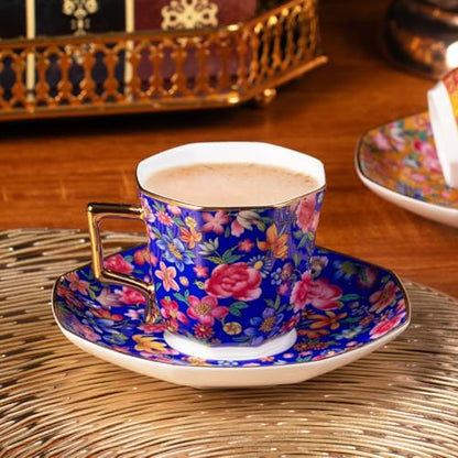 KAMMAK Tea Cup and Saucer, Ceramic Coffee Cups, 4.4 oz, Set of 2 | Porcelain Tea Cups with Saucers for Coffee and Cappuccino, Ideal for Breakfast, Afternoon Tea and Entertaining,647+648N - style: 647N+648N