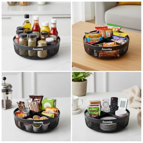 Rotating Spice Rack Organizer, 360° Black Basket for Kitchen | Metal mesh, kitchen countertop and cabinet storage, 360° rotating base, 4 divided sections, non-slip pads