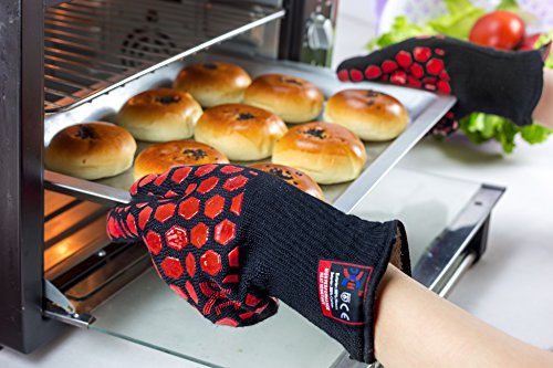 J H Heat Resistant Oven Glove:EN407 Certified 932 °F, 2 Layers Silicone Coating, Oven Mitts for Cooking, Kitchen, Fireplace,Camping, Grilling (Black/Red, Extra Long Cuff) - color: Black/Red, size: Extra Long Cuff