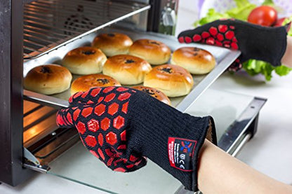 J H Heat Resistant Oven Glove:EN407 Certified 932 °F, 2 Layers Silicone Coating, Oven Mitts for Cooking, Kitchen, Fireplace,Camping, Grilling (Black/Red, Regular Cuff) - color: Black/Red, size: Regular Cuff