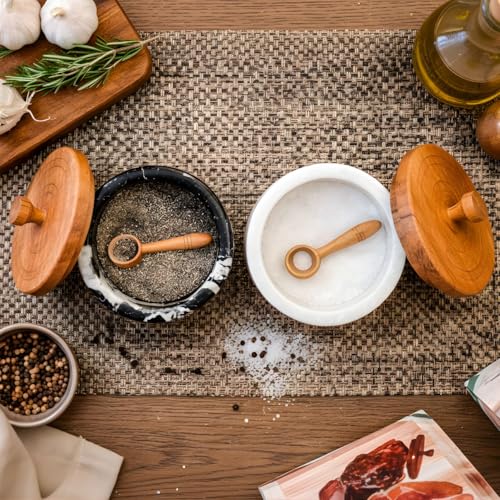Marble salt and pepper containers with spoon, salt cellars with lid and spoons, salt and pepper holders, salt and pepper cellars, marble salt and pepper bowls with wooden lid - White/Black