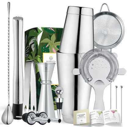 Homestia Cocktail Shaker Set Bartender Kit : 12-Pieces Bar Tool Set Barware | Stainless Steel Bar Set Accessories, 18 oz/28oz Weighted Boston Shaker Tins, Martini Shaker Mixing Tools for Home Bartending - color: Silver