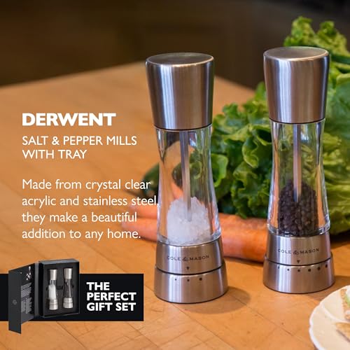 Cole & Mason Derwent Salt & Pepper Grinder Set with Tray - Salt & Pepper Grinder Set with Adjustable Grind Settings - Easily Refillable Spice Mills for Enhanced Taste - Stainless Steel