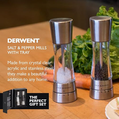 Cole & Mason Derwent Salt & Pepper Grinder Set with Tray - Salt & Pepper Grinder Set with Adjustable Grind Settings - Easily Refillable Spice Mills for Enhanced Taste - Stainless Steel