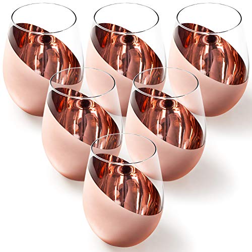 MyGift Stemless Wine Glasses Set of 6 - Copper Metallic Bottom Angled Design, Modern Barware for Red & White Wine, Dishwasher Safe Entertaining Glasses - color: Copper-6