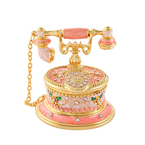 QIFU Hand Painted Pink Telephone Style Enameled Jewelry Trinket Box with Hinged Unique Gift for Home Decor - color: T2 Pink
