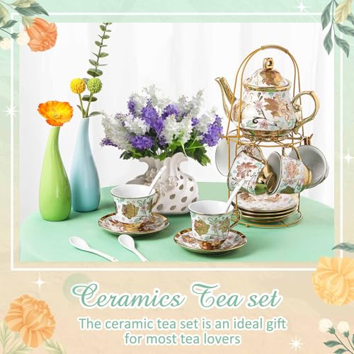 Zhehao 20 Pcs Porcelain Tea Set with Metal Holder and Spoon Adult Ceramic Tea Set European Flower Painting Teapot Cup Saucer Spoon for Women Mom Gift, Large Version (Elegant Style) - color: Elegant Style
