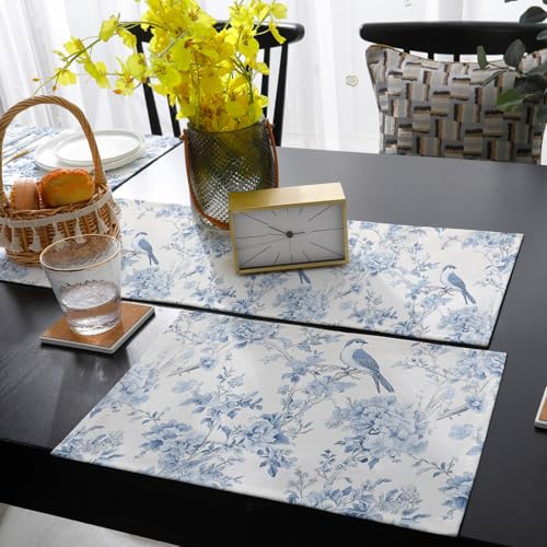 Table Runner and Placemats Set of 4 Blue Flower Decorative Dining Table Runner with Matching Placemats Tree Branch Birds Table Decor for Kitchen Dining Room and Everyday Use 13x70in - size: 13"x70"+4pcs