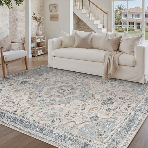 Blue Area Rug 5x7 Living Room Vintage Floral Non-Slip Carpet | Machine Washable, Soft, Low Pile, Distressed, Large for Bedroom, Dining Room, Office, Retro Neutral Decor - color: Vintage | Blue, size: 5' x 7' (Rectangular)