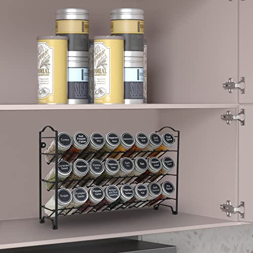 SWOMMOLY 3 Tier Spice Rack Organizer with 24 Empty Round Spice Jars, 396 Spice Labels, Funnel and Chalk Marker Complete Set, Black | Chalk Marker, Funnel Set for Cabinet, Countertop, Pantry, Cupboard or Door & Wall Mount - 24 Jars, 14.8" W × 9.8" H, Black