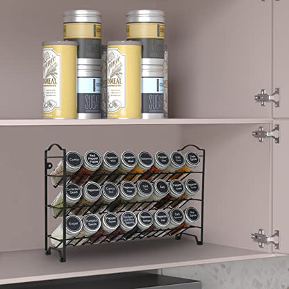 SWOMMOLY 3 Tier Spice Rack Organizer with 24 Empty Round Spice Jars, 396 Spice Labels, Funnel and Chalk Marker Complete Set, Black | Chalk Marker, Funnel Set for Cabinet, Countertop, Pantry, Cupboard or Door & Wall Mount - 24 Jars, 14.8" W × 9.8" H, Black