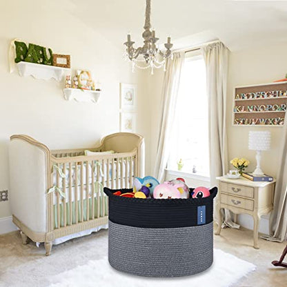 COMSE XXXLarge Woven Blanket & Laundry Basket, 87L, Black & Gray | 21.7" x 13.8", Cotton Rope, Nursery Hamper for Storage of Toys Clothes Towels, Ideal for Living Room Bedroom Bathroom - color: Black & Gray