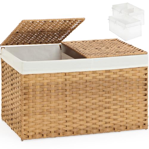 SETVSON Storage Basket with Lid, 2-Lid PE Rattan Storage Bin, Natural | 160L Storage Bin with 2 Separate Lids, 2 Removable Liners for Clothes & Blankets, Sturdy Metal Frame, PE Rattan - color: Natural, size: 160L-29.9L*17.3W*18.1H