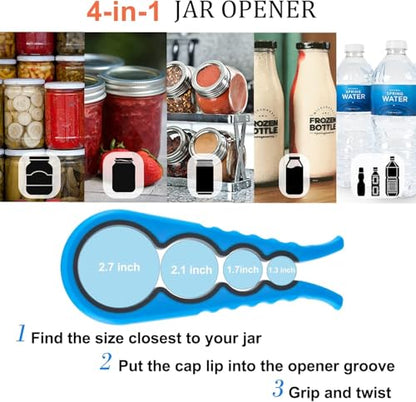 Bloss Jar Opener Can Opener Kitchen Grippers, Multi-use Lid Opener Set | Anti-skid Jar Openers for Weak hands, Seniors with Arthritis, Includes Non-slip Rubber Gripper Pad & Wine Opener, Blue - color: Blue-4pcs