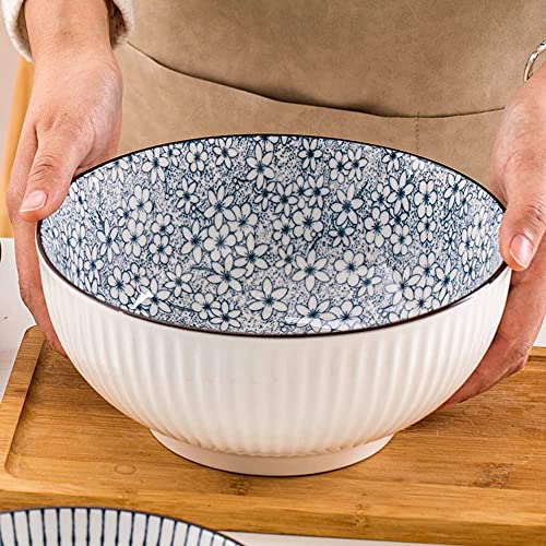 Houlu 60 oz Pho Bowls, Large Soup Bowl, Japanese Ramen Bowl Set, 8 inches Big Porcelain Bowls Set of 3, Wave Pattern - color: Floral Pattern