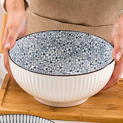 Houlu 60 oz Pho Bowls, Large Soup Bowl, Japanese Ramen Bowl Set, 8 inches Big Porcelain Bowls Set of 3, Wave Pattern - color: Floral Pattern