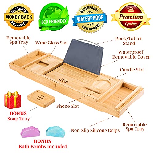 Luxury Bamboo Bathtub Caddy Tray with Two Free Bath Bombs, Soap Holder, and Non-Slip Silicone Grips - Durable and Solid - Expandable Organizer with Removable Spa Trays
