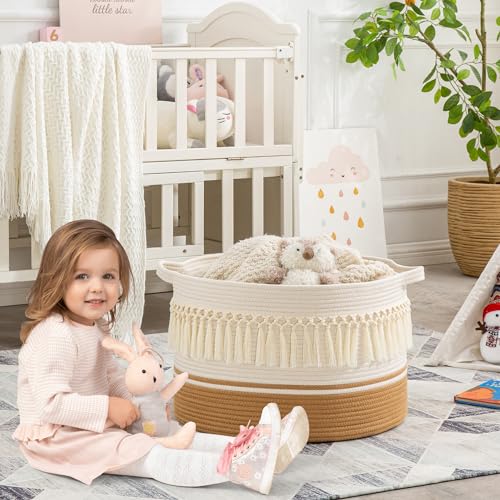 KAKAMAY Large Blanket Basket (20"x13"),Woven Baskets for storage Baby Laundry Hamper, Cotton Rope Blanket Basket for Living Room, Laundry, Nursery, Pillows, Baby Toy chest (White Fringe) | Extra Large Capacity | Natural Cotton Rope | Blanket Storage | Wov
