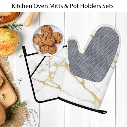 Oven Mitts and Pot Holders Sets White Gold Marble Kitchen Accessories of 4 Heat Resistant Oven Gloves Hot Pads with Non-Slip Silicone Surface for Chef Cooking Baking - color: White Gold