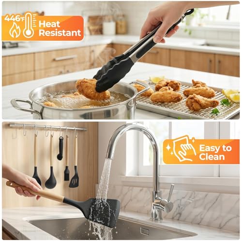 33Pcs Kitchen Utensils Set Silicone Cooking Utensils Set with Wooden Handle | Heat-Resistant, Dishwasher Safe, BPA-Free Silicone Kitchen Utensil Set with Wooden Handles & Holder for Nonstick Cookware - color: Black